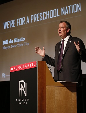 Mayor Bill de Blasio Keynotes Early Education Summit in NYC's Scholastic Headquarters