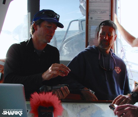 Researchers Sal Jorgensen and Scot Anderson discuss GPS tags for the sharks. Photo credit: Katherine Roy