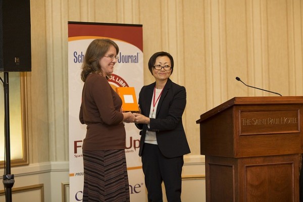 SLJ/LEGO Education "Build Something Bold" Library Design Award winner prSLJ executive editor Kathy Ishizuka.