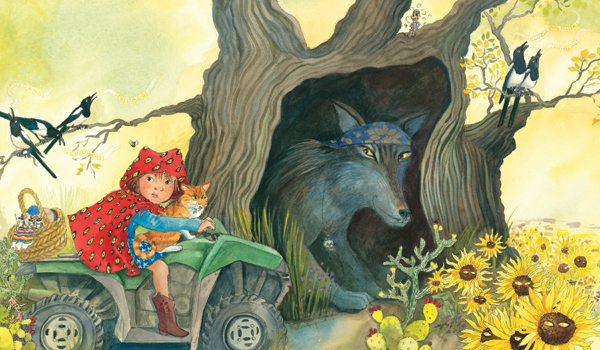 A scene from 2015 Pura Belpré illustrator honor book Little Roja Riding Hood. Illustration by Susan Guevara.