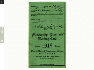 Esther Pearlman's card from the Ladies Waist & Dressmakers Union. "The New Immigrants NYC 1880-1923" (Vanguard)t