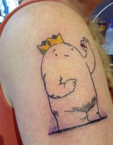 2015 Caldecott committee member Angela Reynolds's custom tattoo of Beekle holding a jellybean.