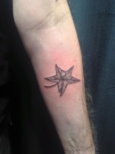 Roger Kelly's intricate star-shaped leaf tattoo, a recurring image throughout Beekle.