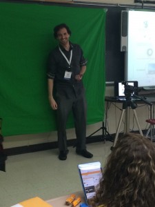 NYC Teacher Jordan Kamer with his "Do-It-Yourself Green Screen"