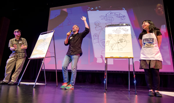Illustrators Aaron Zenz, Jerzy Drozd, and Debbie Ohi take part in the Nerdcamp Jr. Draw-Off.