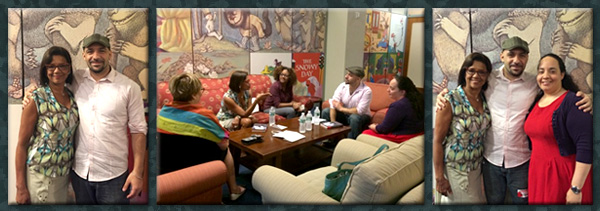 Sonia Manzano and Daniel José Older; Prepping for the interview: l. to r.: Manzano’s Scholastic publicist Jennifer Abbot, Sonia Manzano, Older’s Scholastic publicist Saraciea J. Fennell, interviewer Daniel José Older, SLJ Senior Editor Shelley Diaz; Manzano, Older, and Diaz.