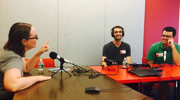 Raina Telgemeier, Travis Jonker, and Colby Sharp recording Season 1 of "The Yarn."