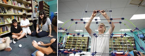 Diana testing out Osmo robotic balls with students (left); Student with creations from maker space.
