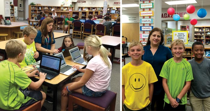 With student input, Tracey Rice (above center and right) created a more decentered library design. Photos courtesy of C.C. Mason Elementary School library