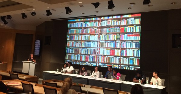 Stephanie Retblatt (left) moderates the all-teen panel “Suburban Teens on Reading, the Young Adult Label and More” at the Nielsen Children’s Book Summit in Manhattan.