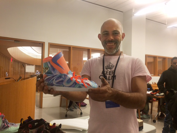 John Huth during a sneaker making workshop at Brooklyn Public Library.