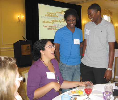 Author Kekla Magoon (left) at the “Building a Bridge to Literacy” conference with participants Julius Walker (center) and Andrew Truesdale. Photo courtesy of UNC/School of Information and Library Science