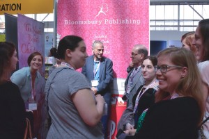 One of the pleasures of Bologna is the unexpected meeting -- we ran into Leonard Marcus just as we were talking with Julia Eccleshare; Left to right starting with her back to the image there is Jenny Zbrizher, Emily Davis, Janis Werner, Marc Aronson and Leonard Marcus, Stacey Shapiro, Semantha Bremekamp, with Emily Merivis and Celeste Rhoads just off the edge. The photographer was Antigone Trowbridge, also a member of the class.