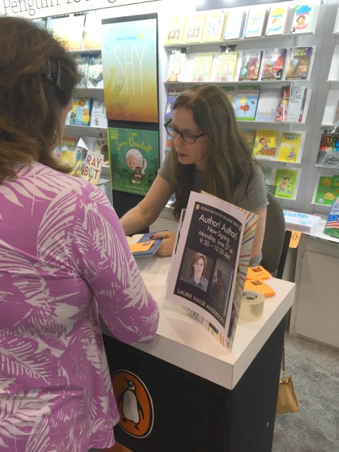 Laurie Halse Anderson was committed to greeting as many attendees at the Penguin booth as possible. 