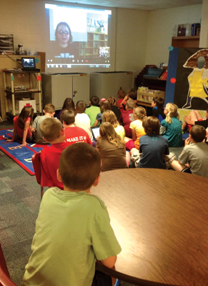 Via Skype, third graders at Rossville (IN) Schools watch kids at Ducketts Lane Elementary School in Elkridge, MD, present a genius hour project about saving energy. Photo courtesy of Sherry Gick