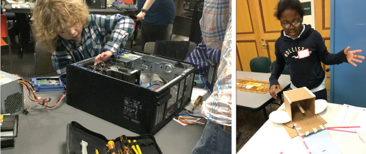 Teens participating in Brooklyn Public Library’s T4 program (opposite). Tech Take Apart Day at Lindenhurst (NY) Memorial Library (above left). At Chicago Public Library, a girl tackles a Boeing-inspired challenge to create a satelite design (above right) From left: Photo by Rosalia Millan; Photo courtesy of Elizabeth McChesney