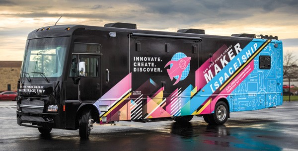 The San Jose Public Library’s Maker[Space]Ship. Inset: An interior view Photo courtesy of San Jose Public Library