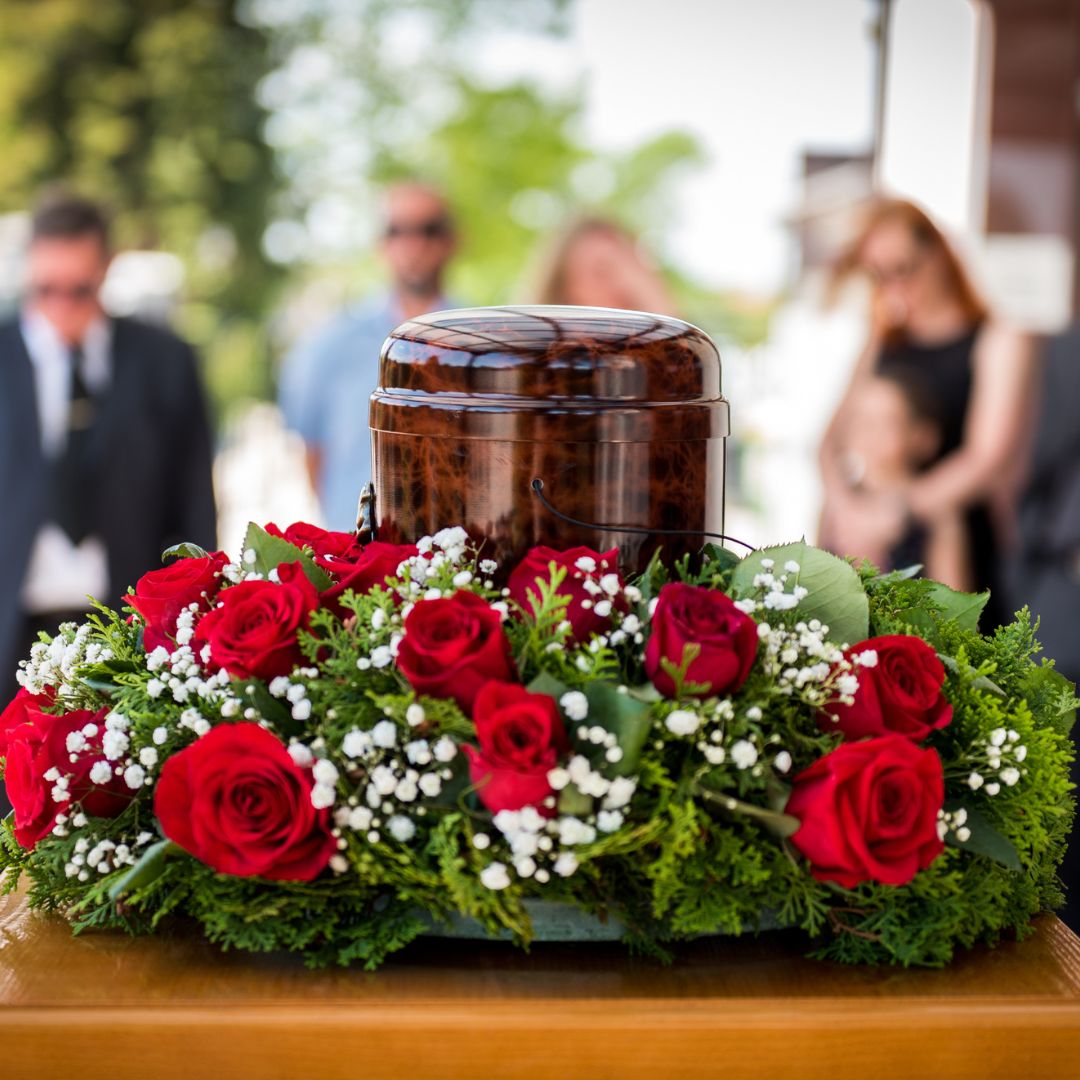 A funeral service with an urn