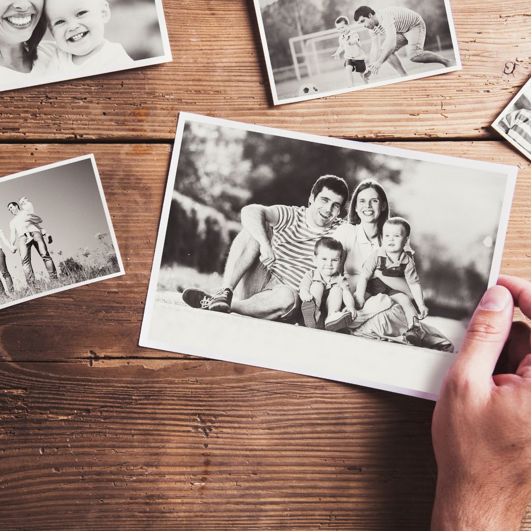 Black and white photos of a young family