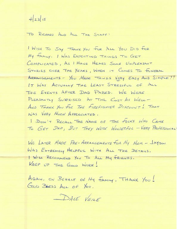 Buffalo Hill Funeral Home & Crematory Letters From Families