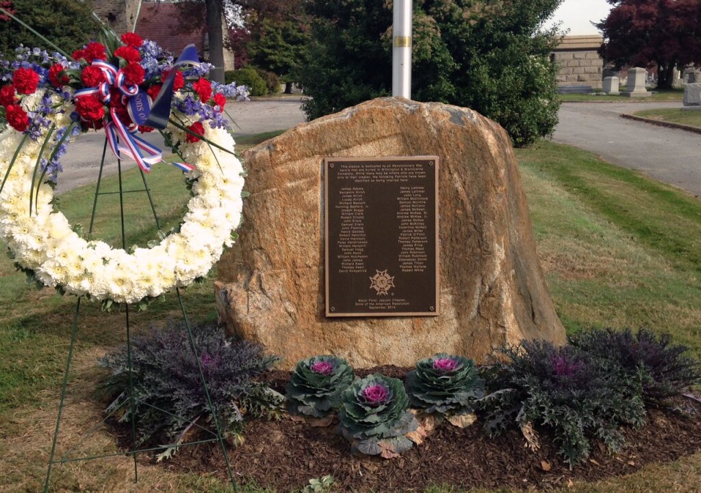 This plaque is dedicated to all Revolutionary War Heroes buried in the Wilmington & Brandywine Cemetery.