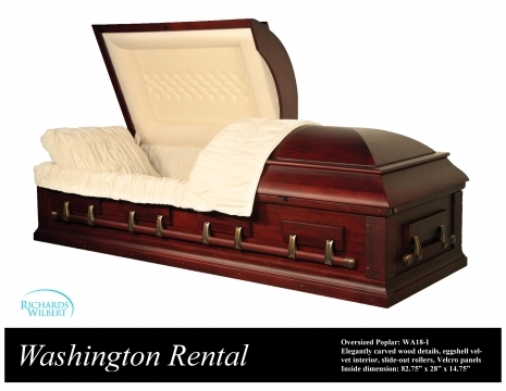 Washington Cremation Rental Casket - Poplar Wood Casket Shell with Dark Walnut Satin Finish; Rosetan Crepe Interior attached to Cremation Cardboard Rental Insert.