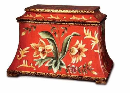 Red Flora Cremation Urn  Hand-painted resin casted from a handmade clay mold. Rich red tones, fine sculpting and exclusive casting in designer resin define the Wilbert Red Flora cremation urn; a with hand-painted decorative floral design dresses it with visual appeal.
