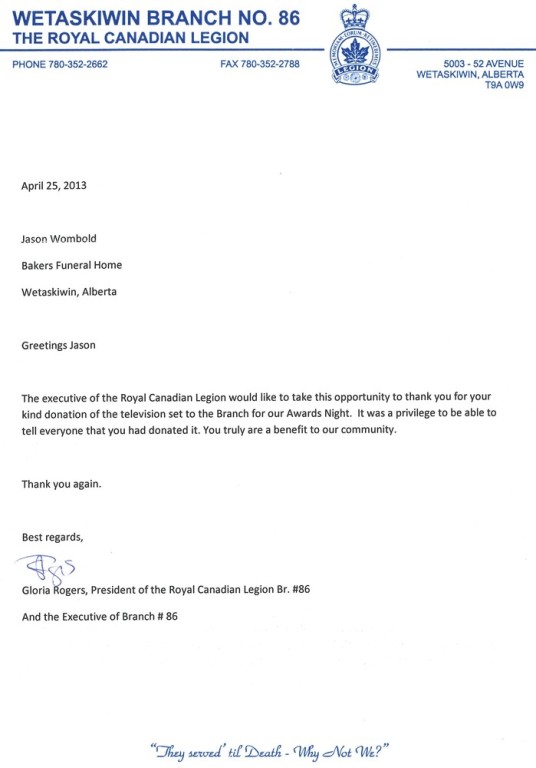 Appreciation Wombold Family Funeral Homes Ponoka AB funeral home