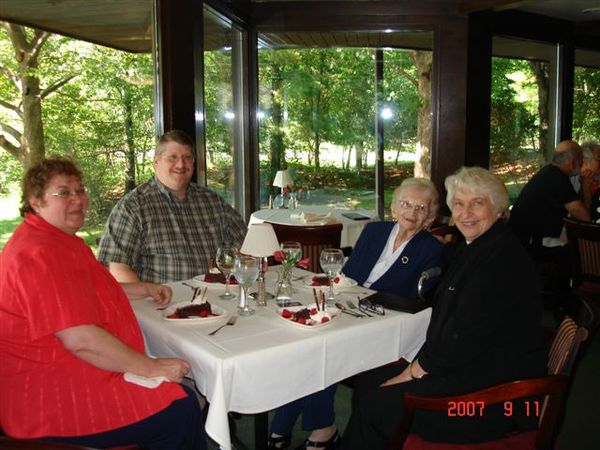 Enjoying lunch at The Black Swan (Kalamazoo), September 2007<br>L to R: Kathy (Flo's daughter), Leward (Flo's son), Betty, Flo<br>