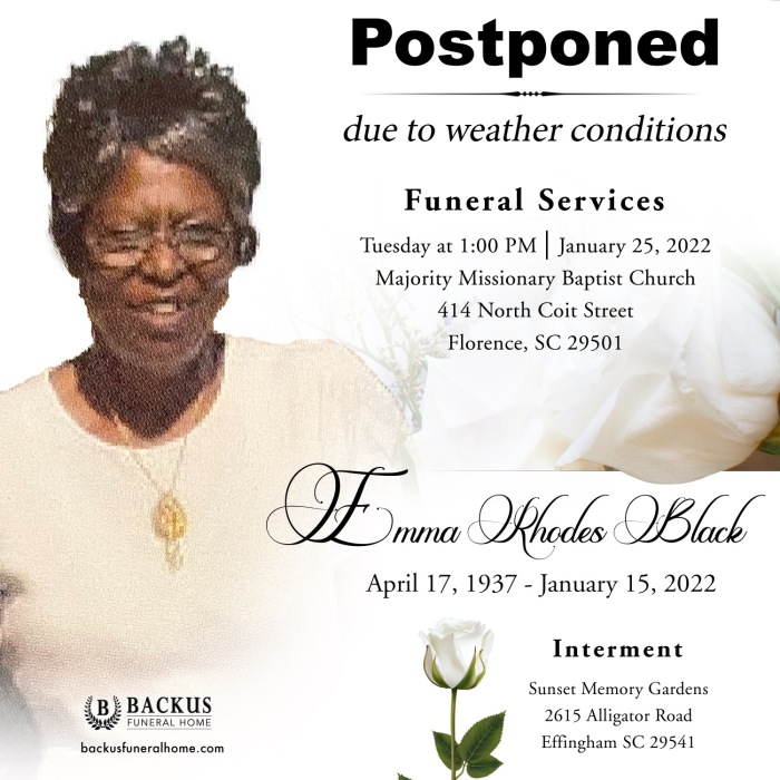 Emma Black Obituary January 15, 2022 Backus Funeral Home Florence, SC