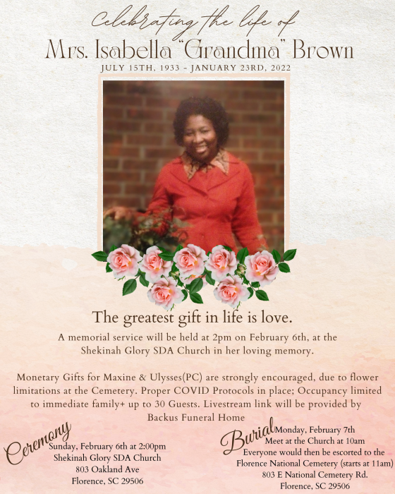 Isabella Brown Obituary January 23, 2022 Backus Funeral Home