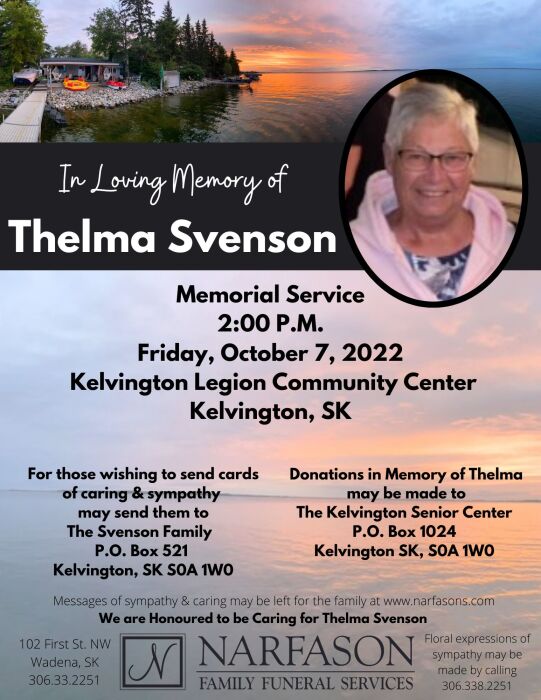 Thelma Svenson Obituary September 28, 2022 Kelvington Cremation & Family Center Kelvington, SK