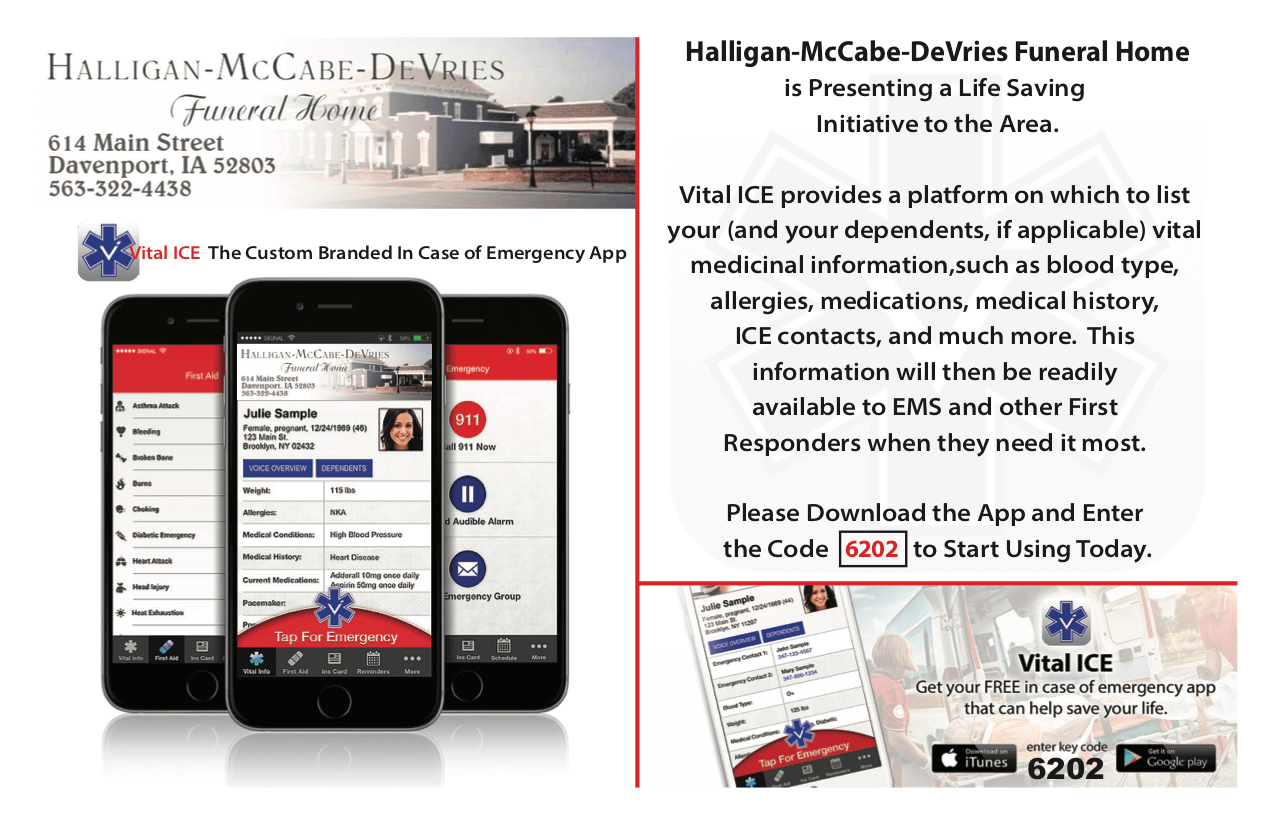Vital ICE Halligan McCabe DeVries Funeral Home Davenport IA funeral home and cremation