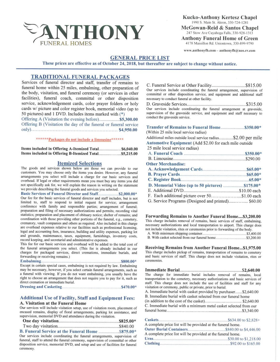 General Price List Anthony Funeral Homes Akron OH funeral home and