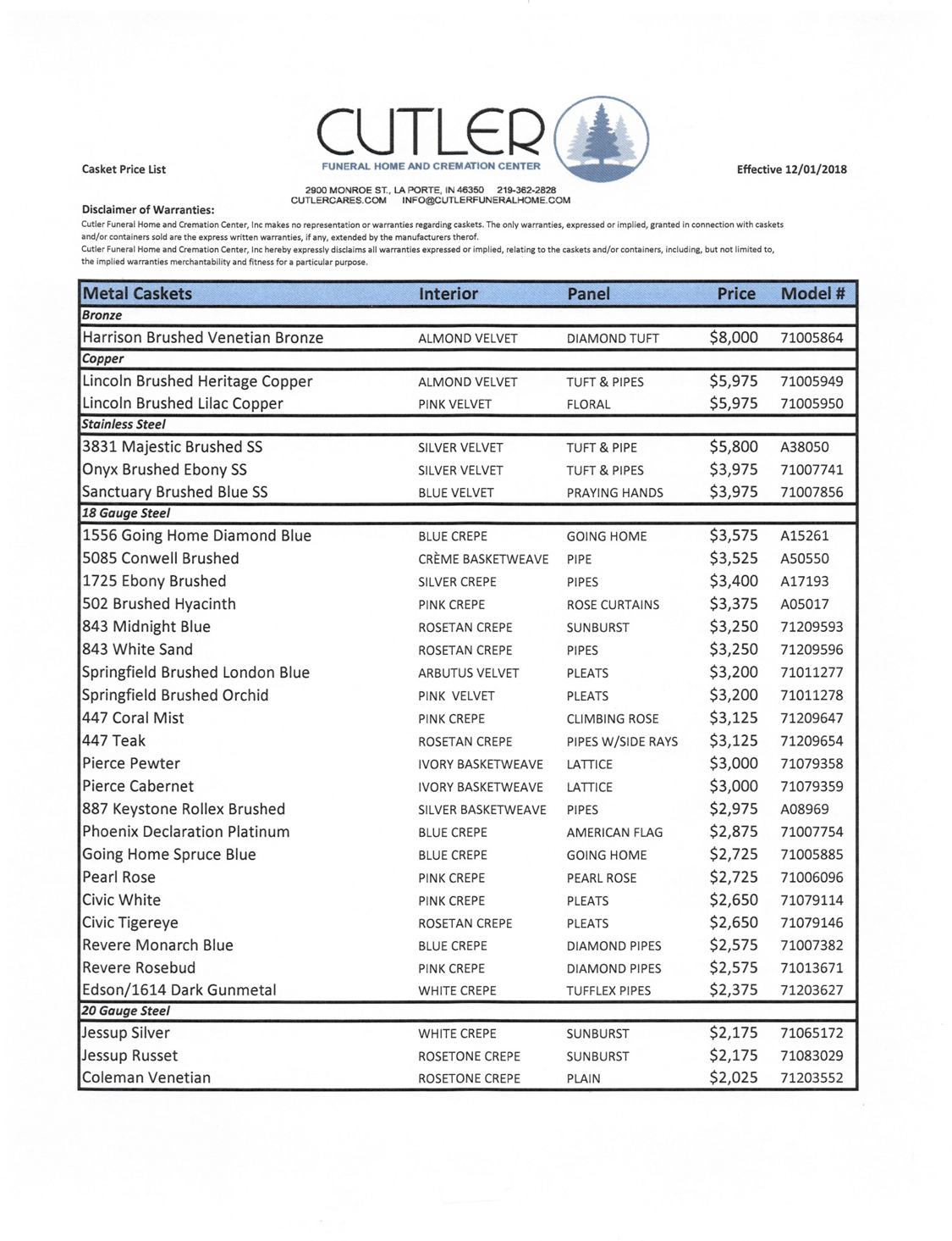 General Price List Cutler Funeral Home and Cremation Center
