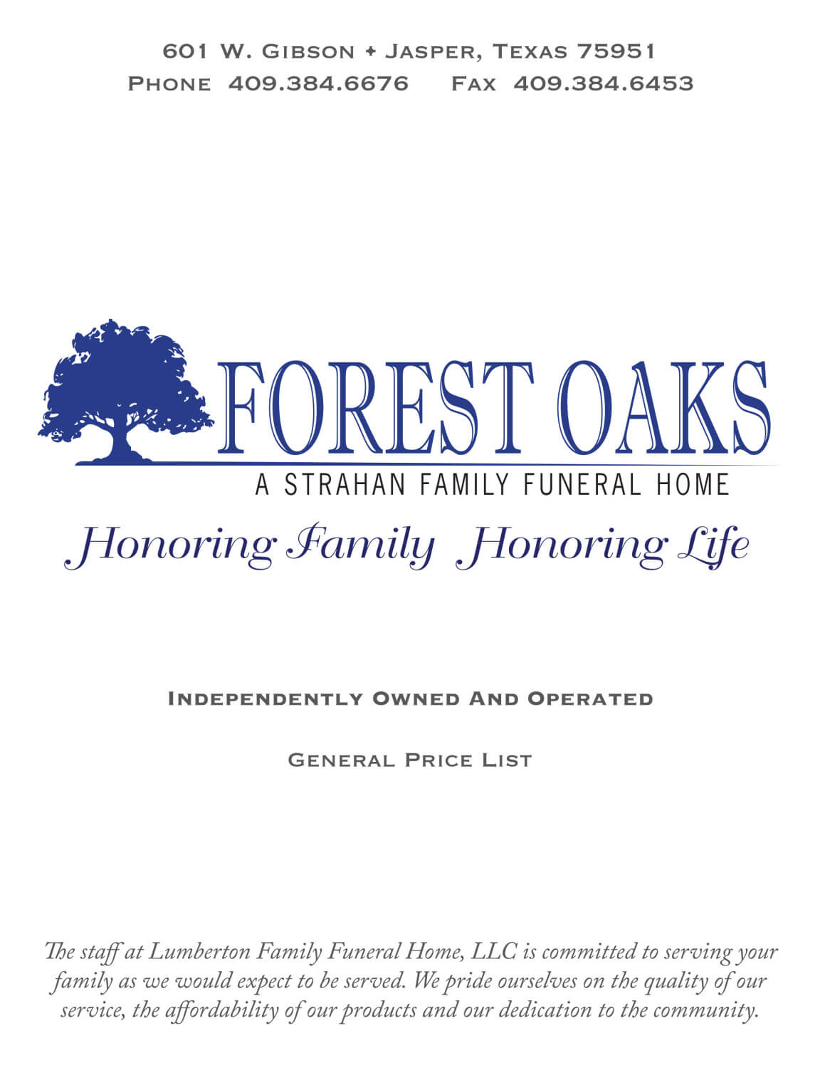 General Price List Forest Oaks Funeral Home Jasper TX funeral home