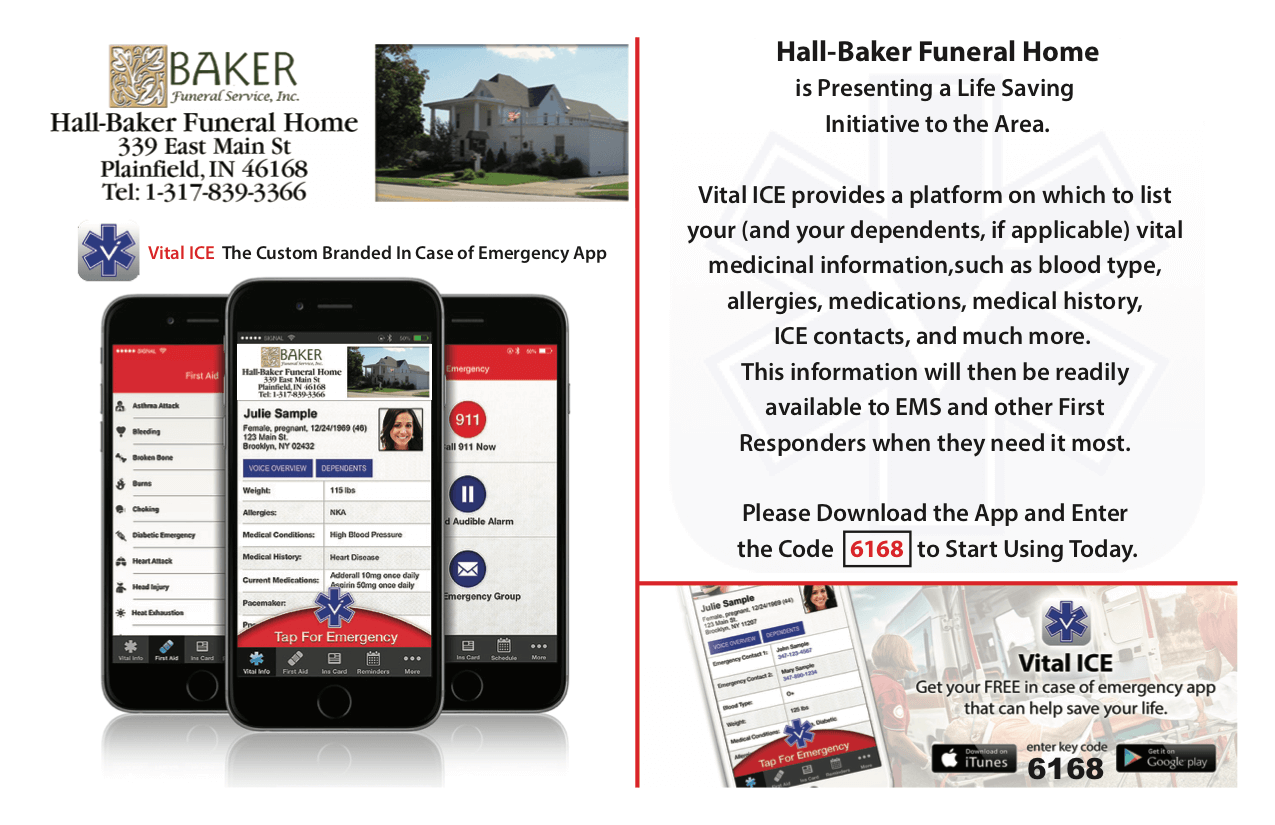 Vital ICE Hall Baker Funeral Home Plainfield IN funeral home and