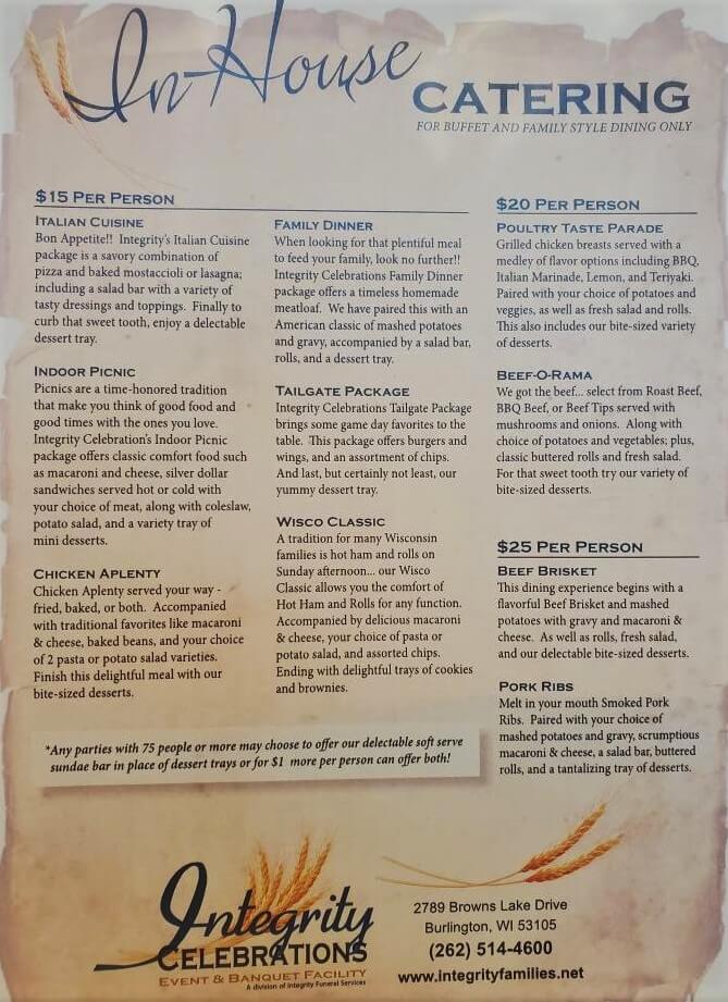 Family & Buffet Style Menu Integrity Funeral Services Waterford WI