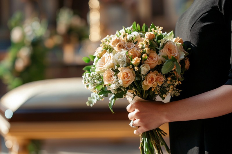 Bouquet of roses for Redwood City, CA Memorial Services in a warm indoor funeral setting
