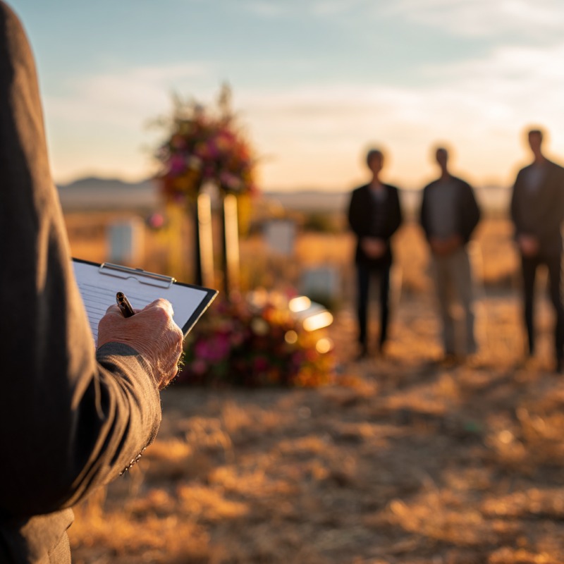 East Palo Alto, CA Funeral Services at an outdoor memorial with floral tribute and attendees at sunset