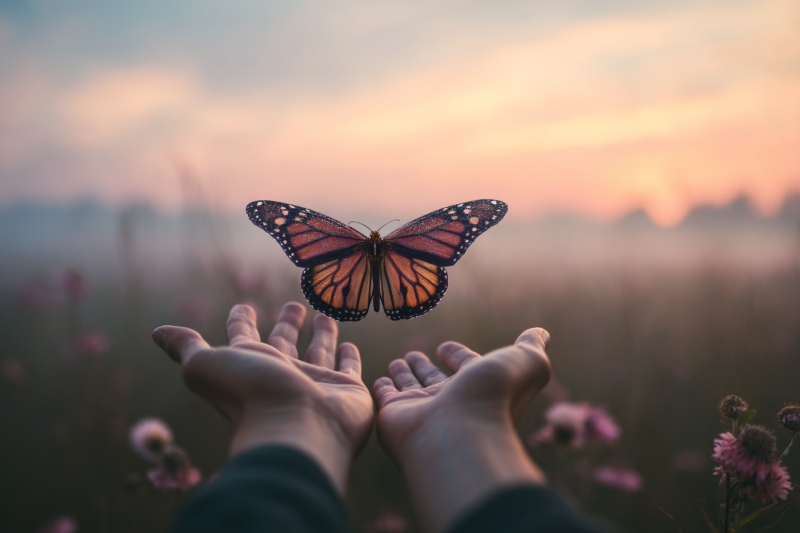 Butterfly above open hands for Redwood City, CA Funeral Home and Cremations at sunset