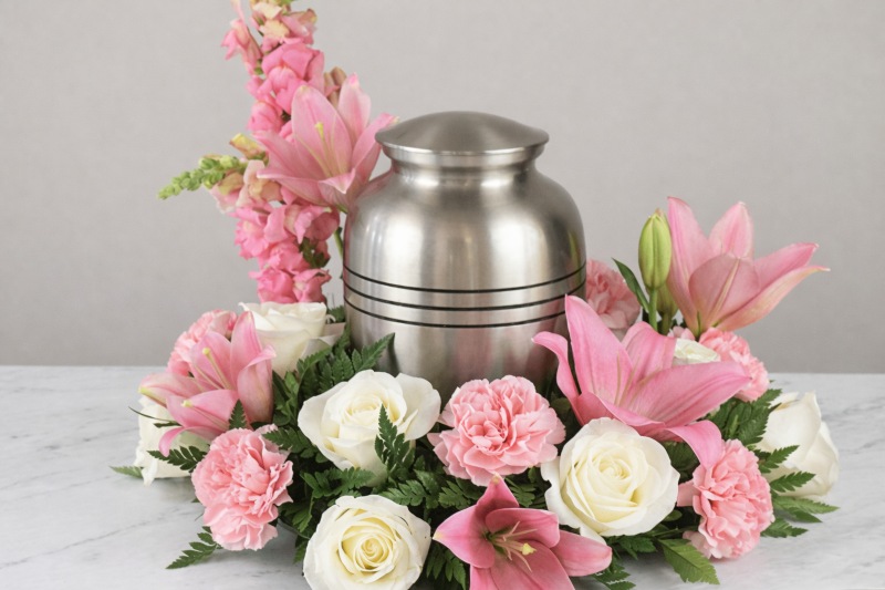 Silver urn with pink lilies for Redwood City, CA Cremation Services on a floral memorial display