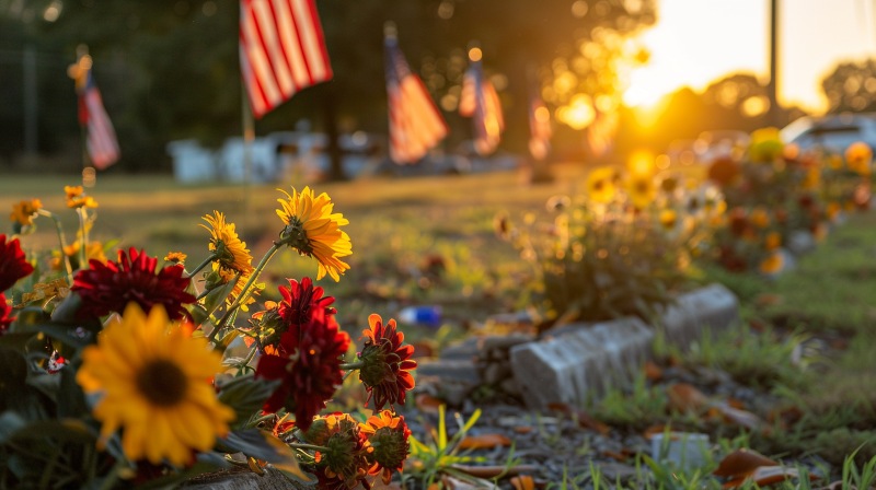 East Palo Alto, CA Veterans Services with memorial flowers, American flags, and sunset graveside tribute