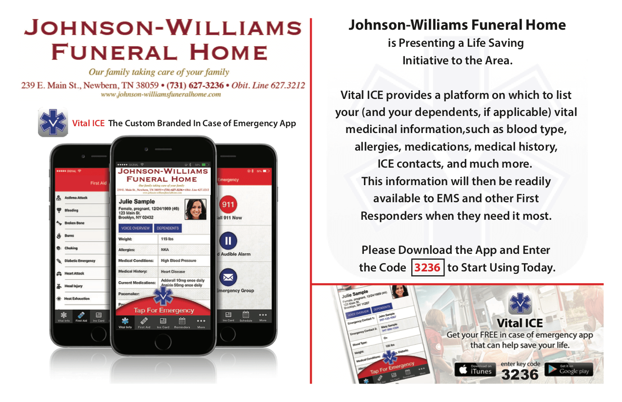 Vital ICE JohnsonWilliams Funeral Home Newbern TN funeral home and
