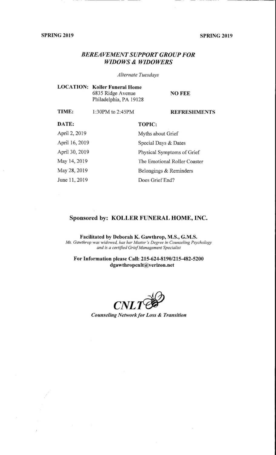 Support Group Schedule Koller Funeral Home, Inc. Philadelphia PA