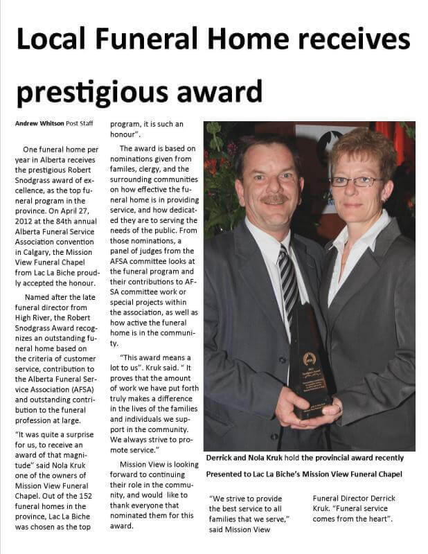 Announcements Mission View Funeral Chapel Ltd. Lac La Biche AB