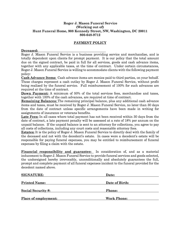 Payment Policy Roger J. Mason Funeral Service Washington DC funeral
