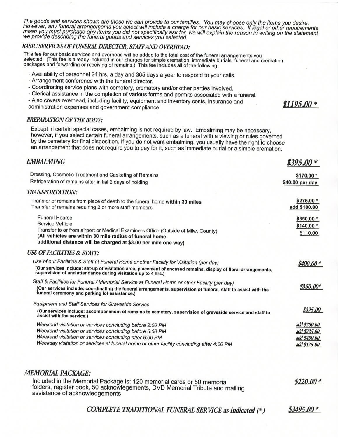 General Price List Sunset Options Funerals & Cremations Inc. Oak