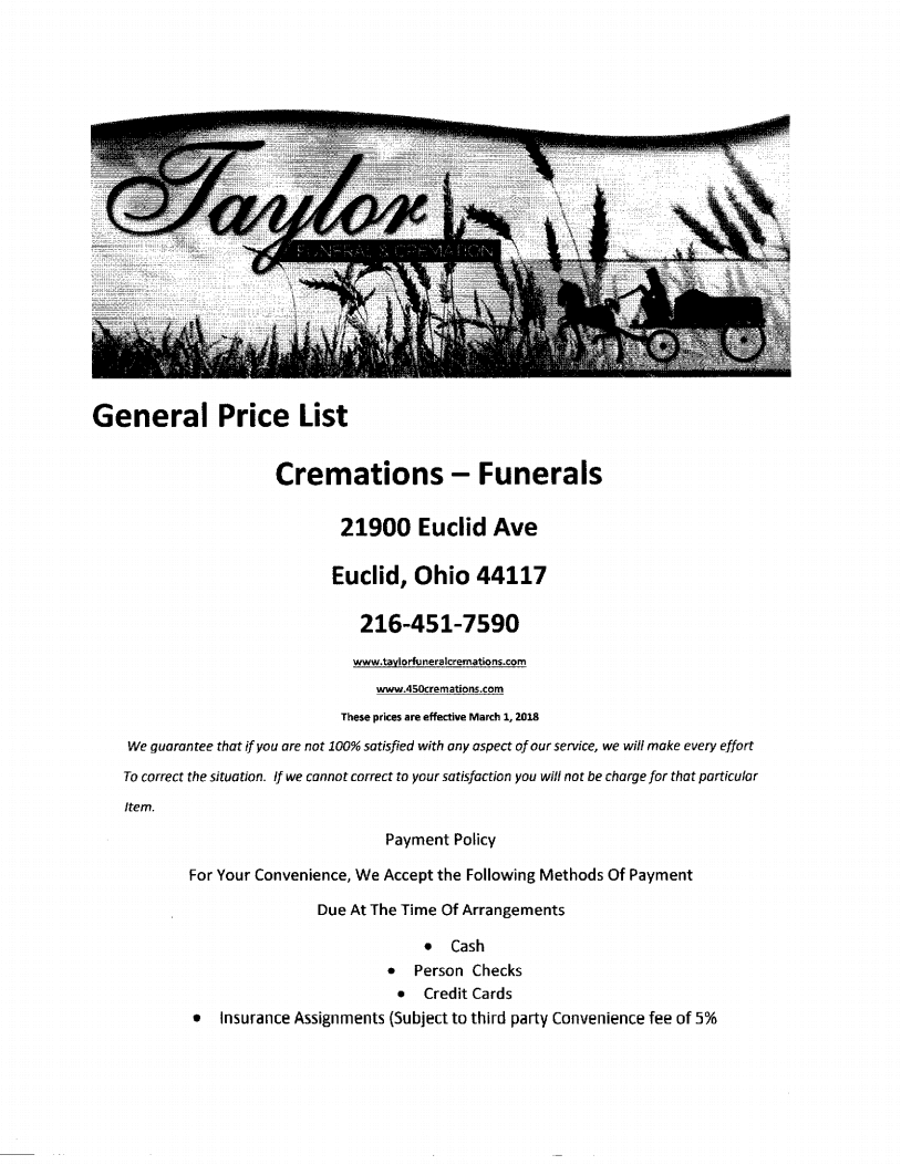 Price List Taylor Funeral and Cremation Service Euclid OH funeral