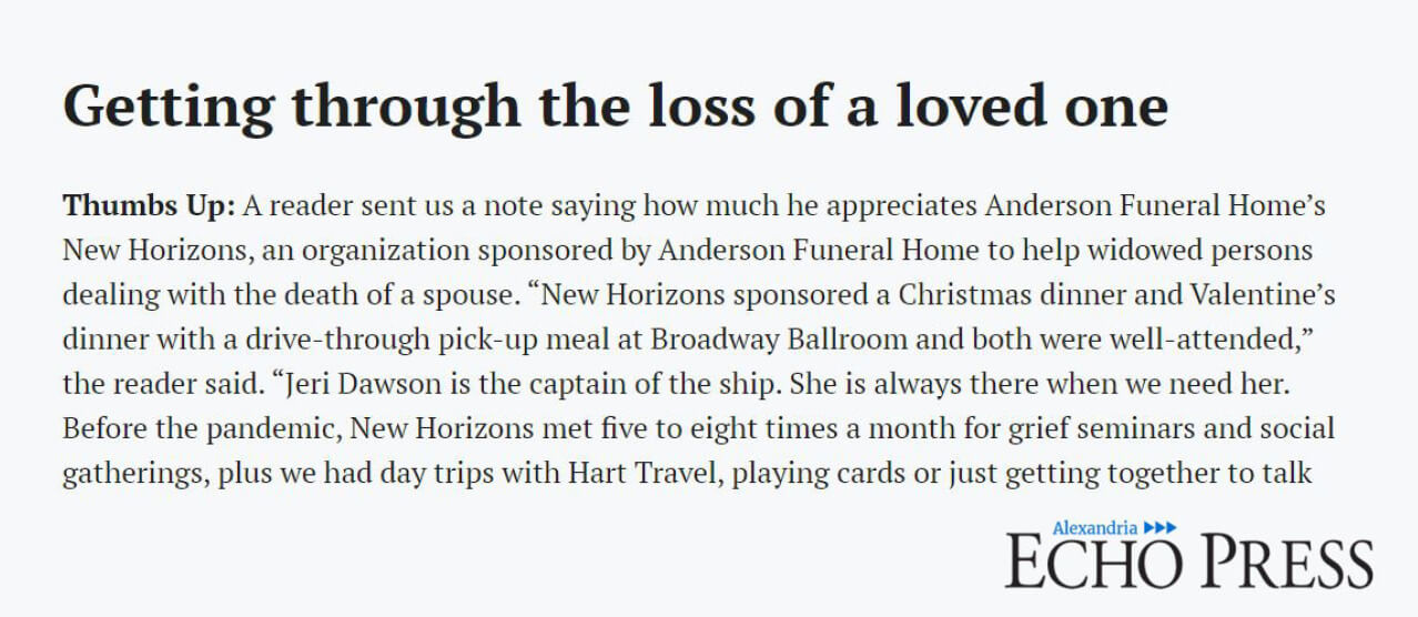 New Horizons Newsletter Anderson Funeral Home (MN) Alexandria MN funeral home and cremation